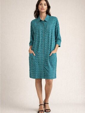 Boden Button Down Print Dress in Blue Teal Sz 10